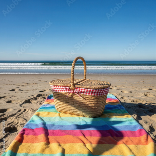 Wallpaper Mural Picnic basket on vibrant striped blanket at sunny beach with woman walking along shoreline in background Torontodigital.ca