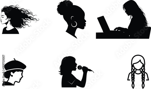 silhouettes of people with various hairstyles and activities