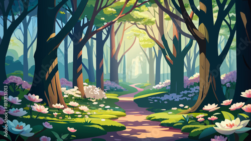 Very beautiful forest floor covered with blooming flowers and interwoven tree branches, forming a rich natural carpet that expresses spring renewal, organic textures, and woodland depth.