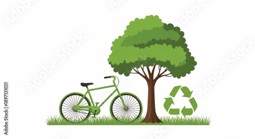 Green Bicycle Under Lush Tree with Recycling Symbol.