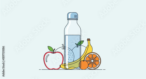 Healthy Refreshment With Fresh Fruits And Water Bottle.