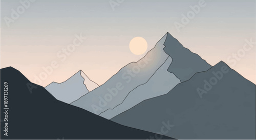 Minimalist Mountain Range Under a Softly Glowing Sun.