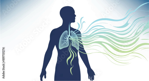 Human Body Silhouette with Lungs and Flowing Energy.