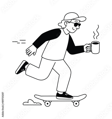 Person on Skateboard Holding Coffee Cup with Steam Vector illustration