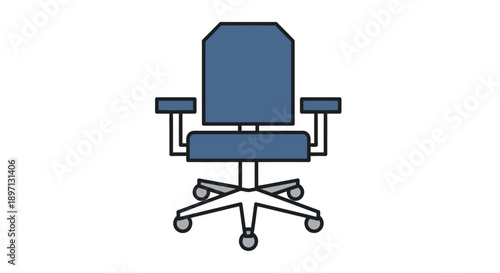 Illustration of a blue office chair with armrests and wheels on a plain background from a front viewpoint