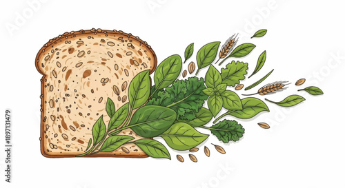 Whole Grain Bread Slice with Fresh Green Herbs and Grains.