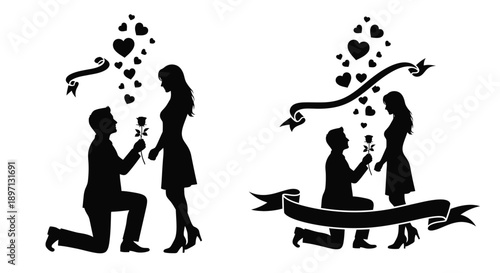 Romantic proposal scene with couples and hearts black silhouette