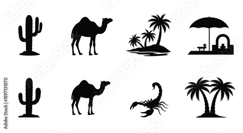 Desert icons featuring a camel cactus and palm trees silhouette