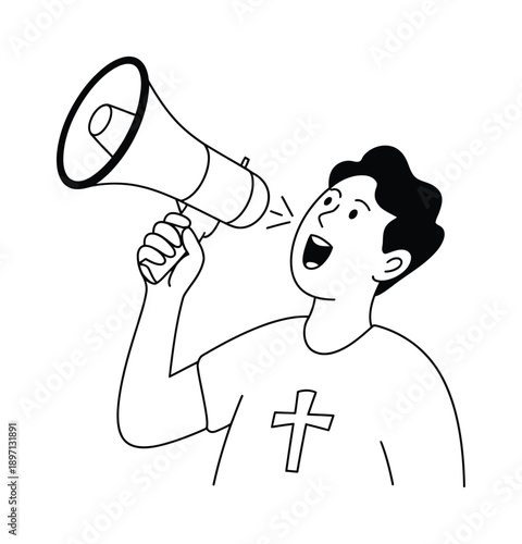 Person with Megaphone and Christian Cross Symbol Vector illustration