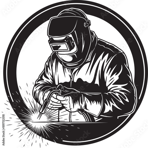 Black and white illustration of welder wearing protective gear, welding metal with sparks flying, inside circular frame, industrial profession concept