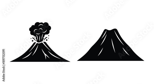 Volcanic eruption and mountain landscape in stark black silhouette