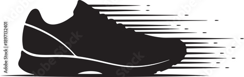 Black silhouette of a running shoe with motion lines representing speed and active lifestyle.