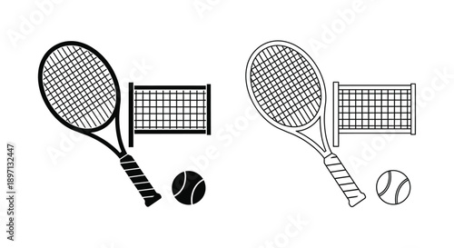 Tennis equipment illustration featuring rackets net and balls silhouette
