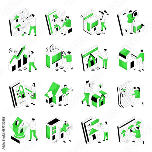 Set of Real Estate Flat Isometric Illustrations 