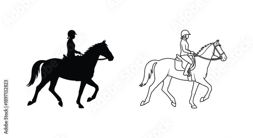 Two depictions of a horseback rider one a dark silhouette