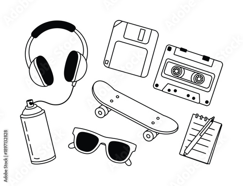 Retro Collection: Headphones, Skateboard, Cassette, Floppy Disk, and More Vector illustration