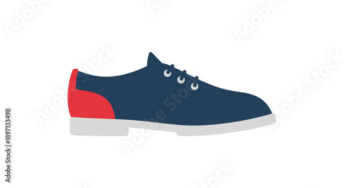 Illustration of a navy blue shoe with red accent on a white sole viewed from the side