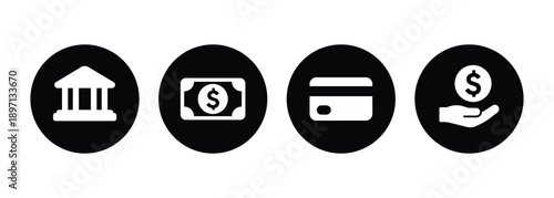 Finance and Banking Icon Set - Circular Black and White Fintech Symbols for Apps