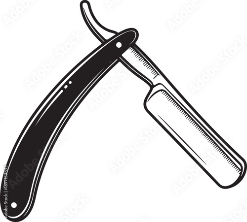 Classic straight edge razor used for shaving, vintage barber tool with sharp blade and black handle