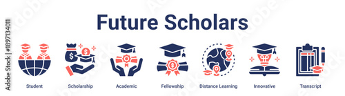 Future Scholars banner web icon vector illustration concept for education with icon of Student, Scholarship, Academic, Fellowship, Distance Learning, Innovative.