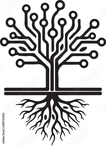 Digital circuit board tree with roots illustrating growth, connection, and data technology, perfect for tech concepts