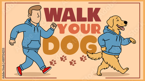 A man and his Golden Retriever walking briskly in style for an evening stroll. National Walk Your Dog Day, February 22nd