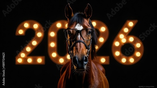 A horse wearing glasses on a black background with the numbers 2026, a symbol of the coming New Year.