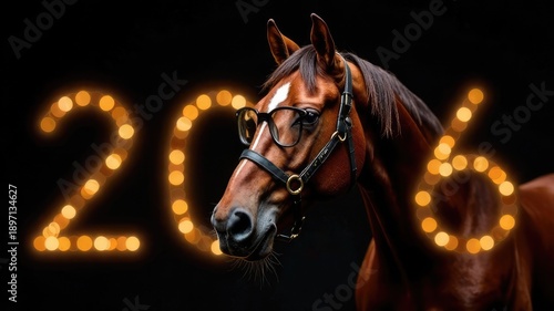 A horse wearing glasses on a black background with the numbers 2026, a symbol of the coming New Year.