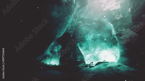 Photography A stunning underground cavern glows with an ethereal light, casting enchanting reflections on the rocky surfaces