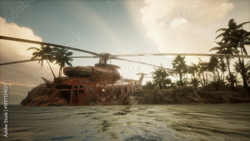 Schilderij op canvas Rusty helicopter sits half submerged in shallow waters under a vibrant sunset