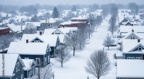 Aerial view of snow-covered residential neighborhood with houses and trees in winter landscape