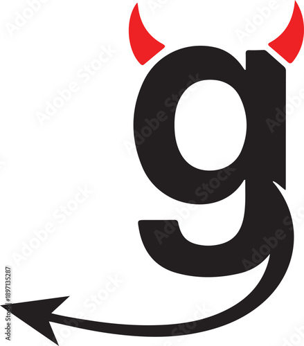 Lowercase letter 'g' with red devil horns and tail on transparent background representing evil, mischief or playful negative character, typography