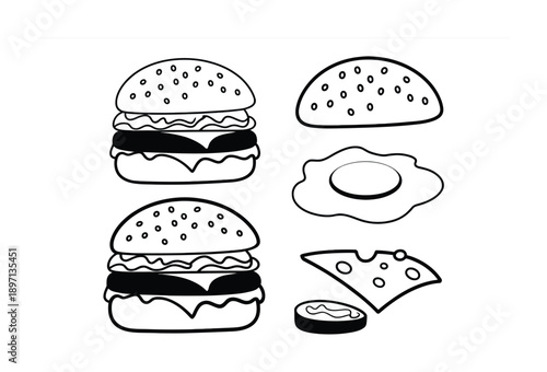 Vector illustration Black and White of Burger Ingredients and Assembled Burgers