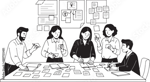 Team brainstorming session with cards and notes on whiteboard