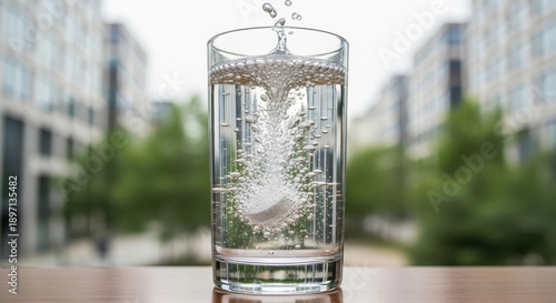 Effervescent tablet dissolves rapidly creating bubbles inside a clear drinking glass.
