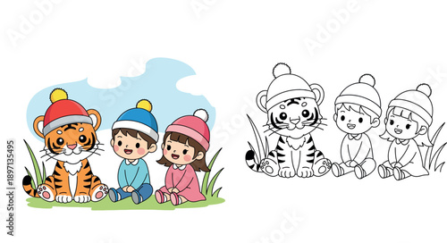 Cute cartoon tiger sitting on grass with happy little boy and girl wearing winter hats, vector illustration of animal and children friendship for holiday, education or new year concepts.