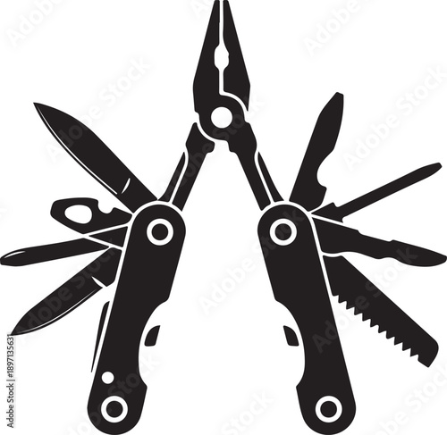 Multitool set black silhouette on a transparent background for various uses