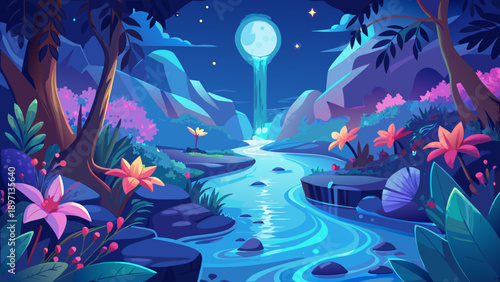 Very beautiful shimmering stream flowing gently under a glowing full moon, illuminating tropical flowers and creating a mystical night scene filled with calm water and magical atmosphere.