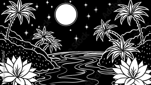 Very beautiful shimmering stream flowing gently under a glowing full moon, illuminating tropical flowers and creating a mystical night scene filled with calm water and magical atmosphere.