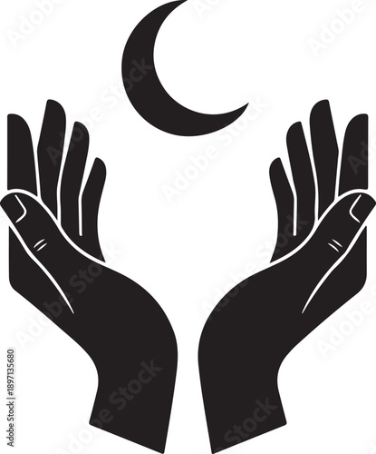 Hands holding crescent moon symbol