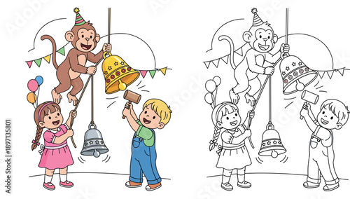 Happy children and cute cartoon monkey ringing big golden and silver bells to celebrate the holiday, vector illustration for new year party and festival concepts.