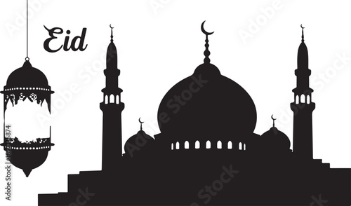 Eid celebration with mosque silhouette and lantern