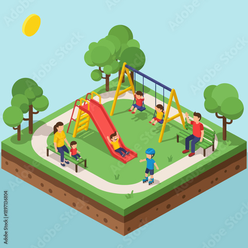 Children Playing on Playground Equipment Together.