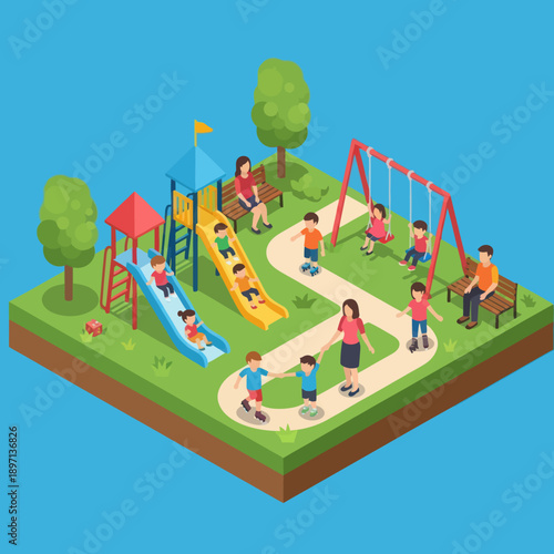 Children Playing at Playground with Slides Swings.