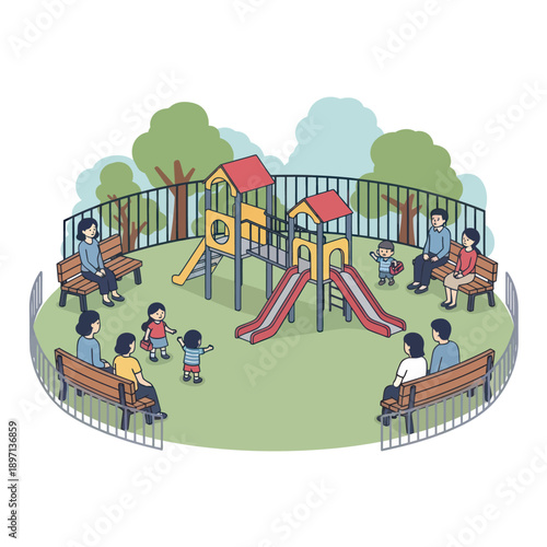 Children Playing in Fenced Playground Area.