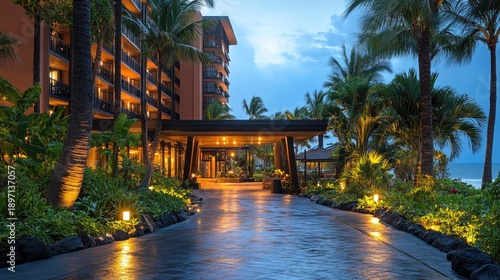 Scenic tropical resort entrance at dusk with palm trees and landscaped gardens creating a relaxing atmosphere for vacationers and travelers seeking tranquility