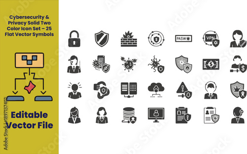 Cybersecurity & Privacy Solid Two-Color Icon Set – 25 Flat Vector Symbols