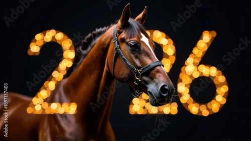 A horse on a black background with the numbers 2026