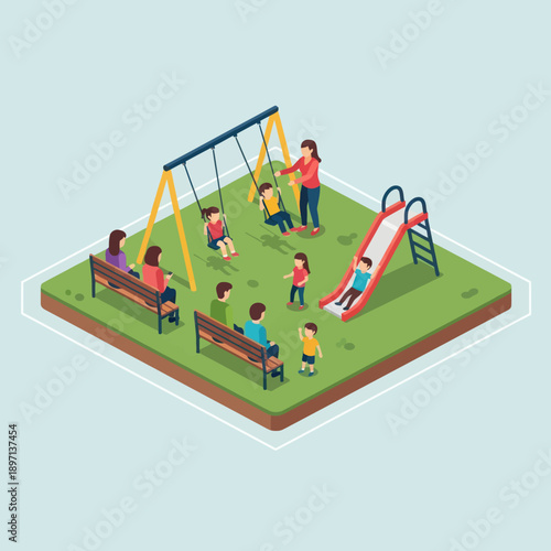 Children Playing on Playground Equipment with Adults.