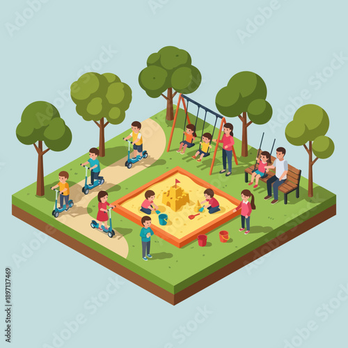 Children Playing in Park with Adults.